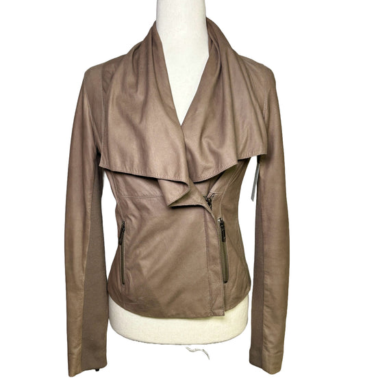 Women Size XS Vince Brown Solid Cowhide Leather Asymmetric Zip Front Jacket