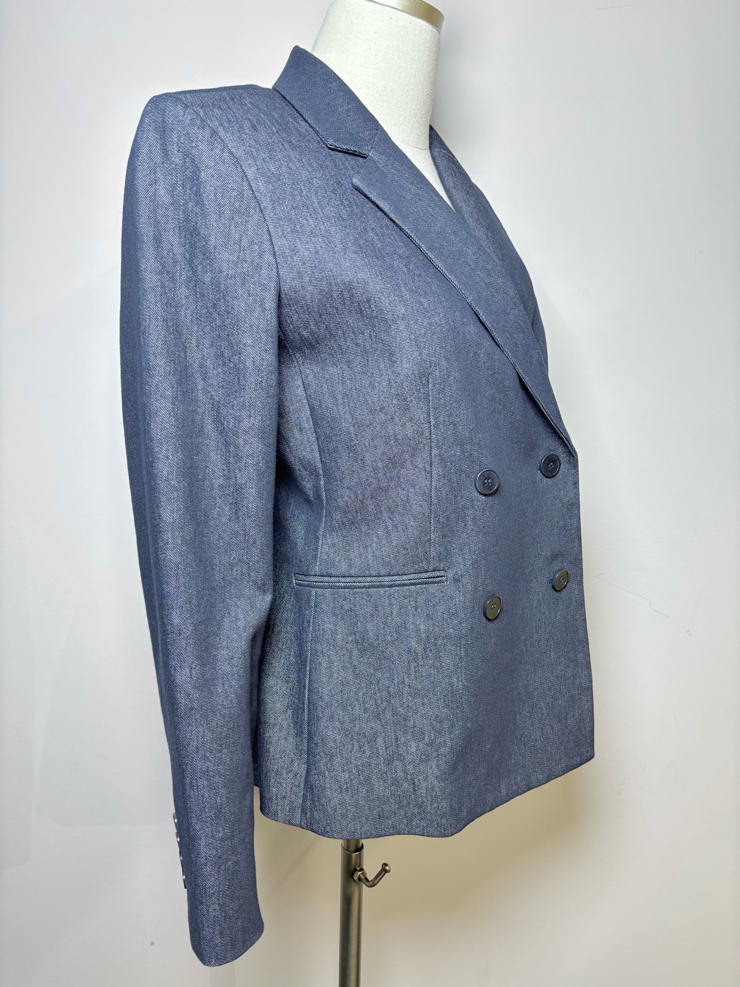 Women Size 10 Theory Indigo Blue Solid Cotton DB Blazer