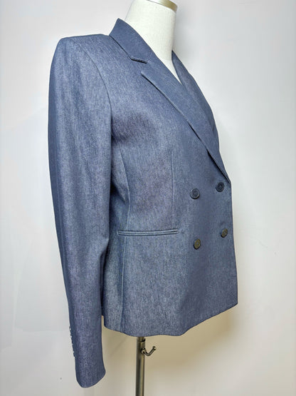 Women Size 10 Theory Indigo Blue Solid Cotton DB Blazer