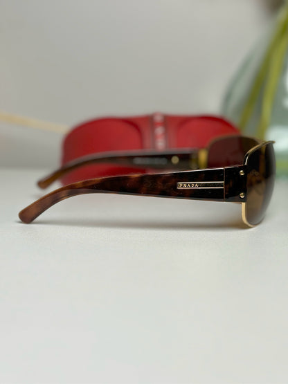 Brown, Gold Tortoise Shell Prada Wraparound Sunglasses