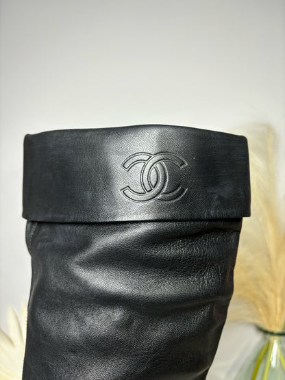 Chanel Size 8.5 Black Leather Lamb Women's Boots