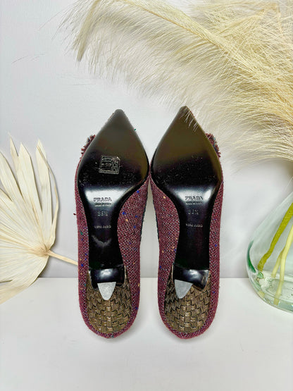 W Shoe Size 6 Prada Purple Tweed Embellished Basketweave Heels