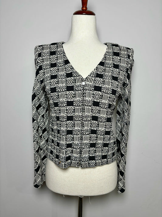 Women Size 2 St. John Black/Cream Geometric Wool Cropped Jacket