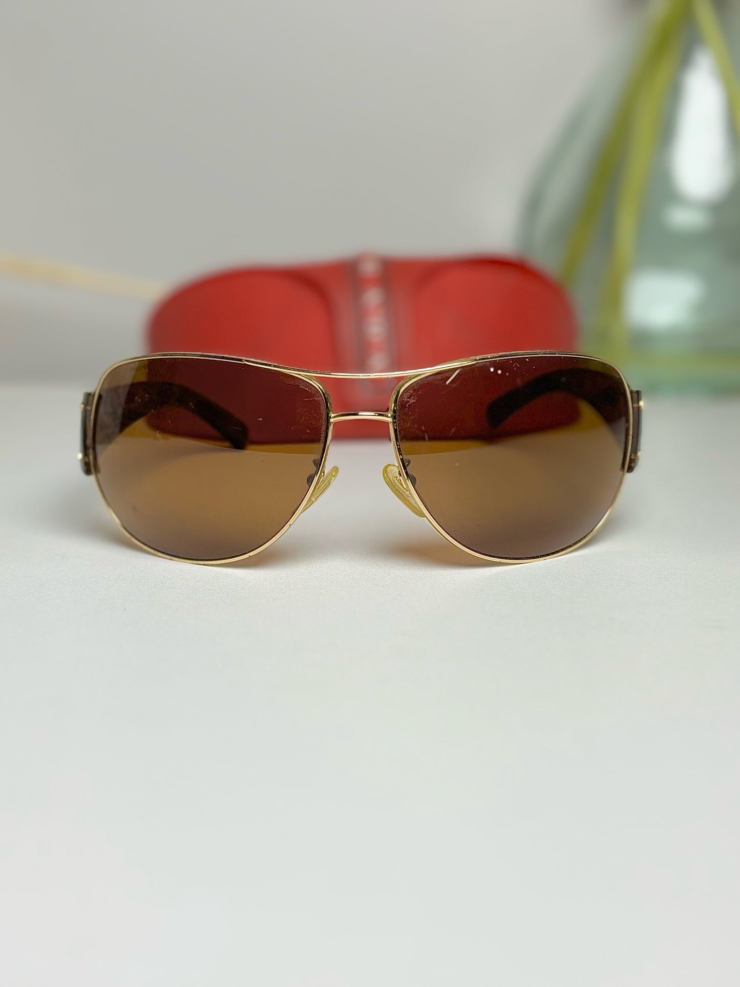 Brown, Gold Tortoise Shell Prada Wraparound Sunglasses