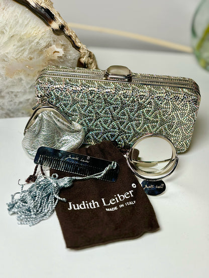 Silver Judith Leiber Crystals Clutch Purse w/Comb, Mirror, Coin Purse