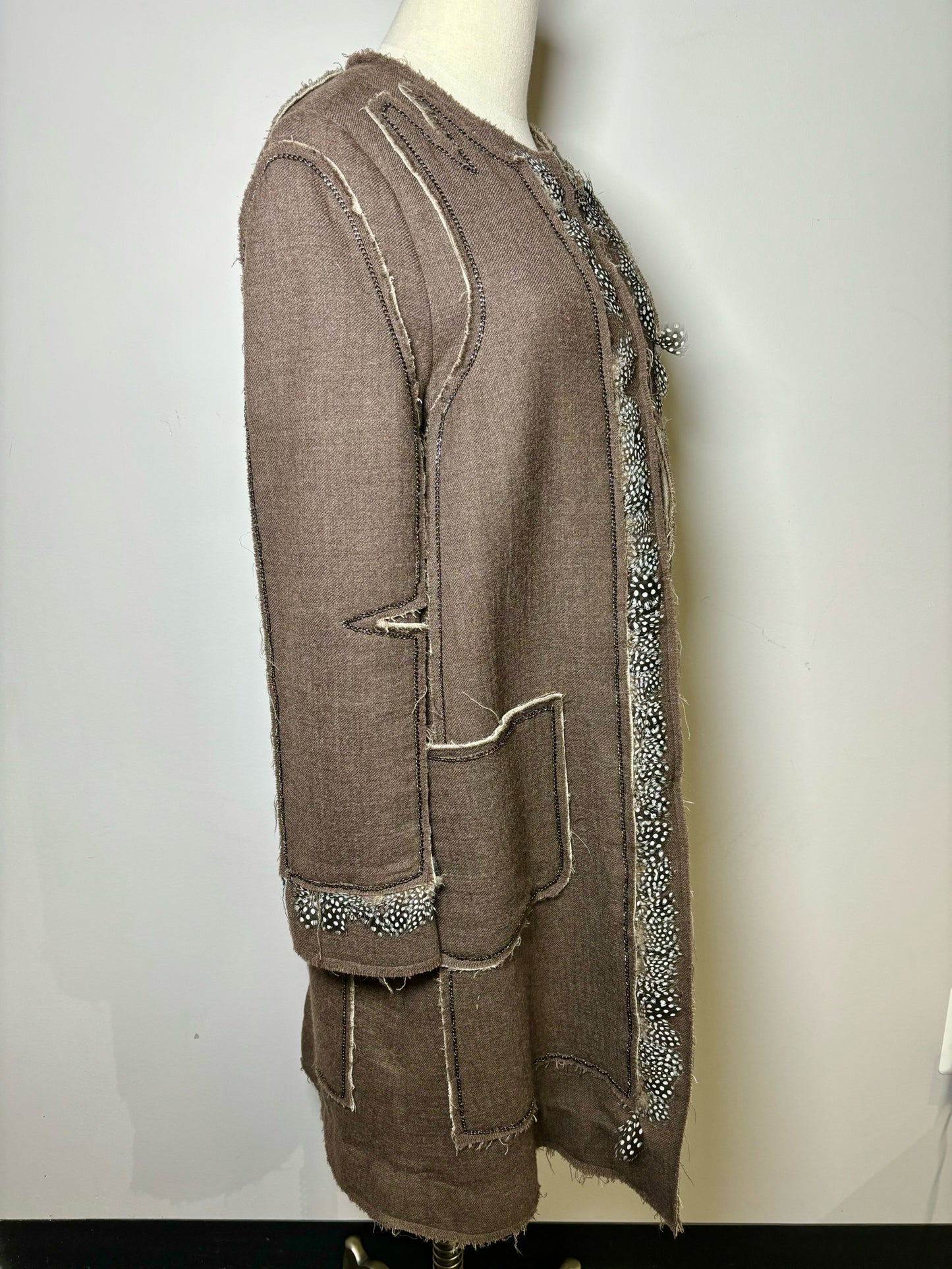 Women Size M BCBG Max Azria Runway Brown Solid Wool Feather Trim Coat