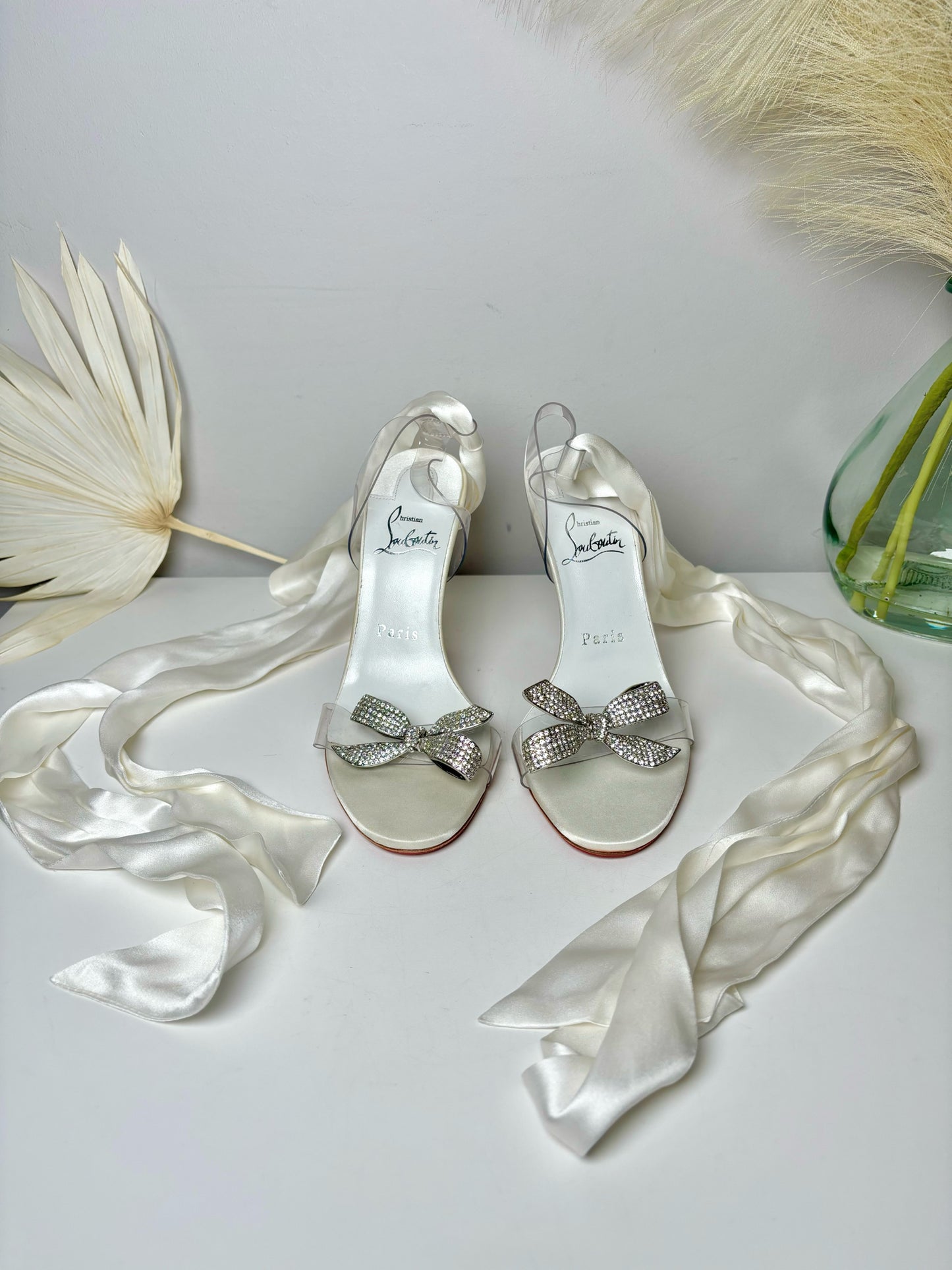 W Shoe Size 5.5 Christian Louboutin White Satin Crystal Bow Heels