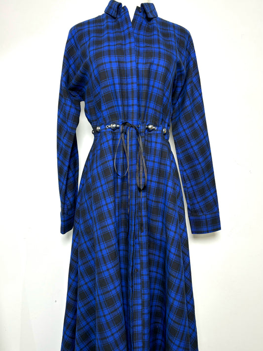 Women Size XS Maje Blue Plaid Midi Belted Dress