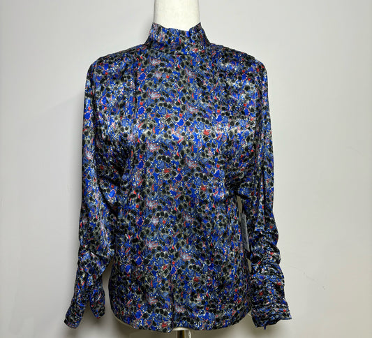 Women Size S Hunter Bell Blue Floral Blouse Ruffle Pleats