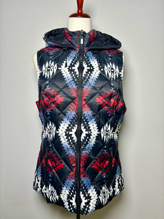 Women Size M Pendleton Black Print Hooded Nylon Vest