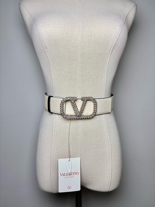 Valentino Garavani Leather Crystal Logo Buckle Sz S Belt