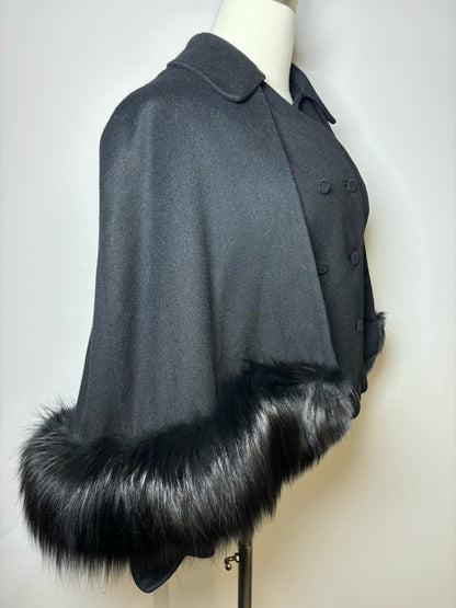 Women Size S Jovan Black Solid Wool Fur Trimmed Vintage Cape Coat