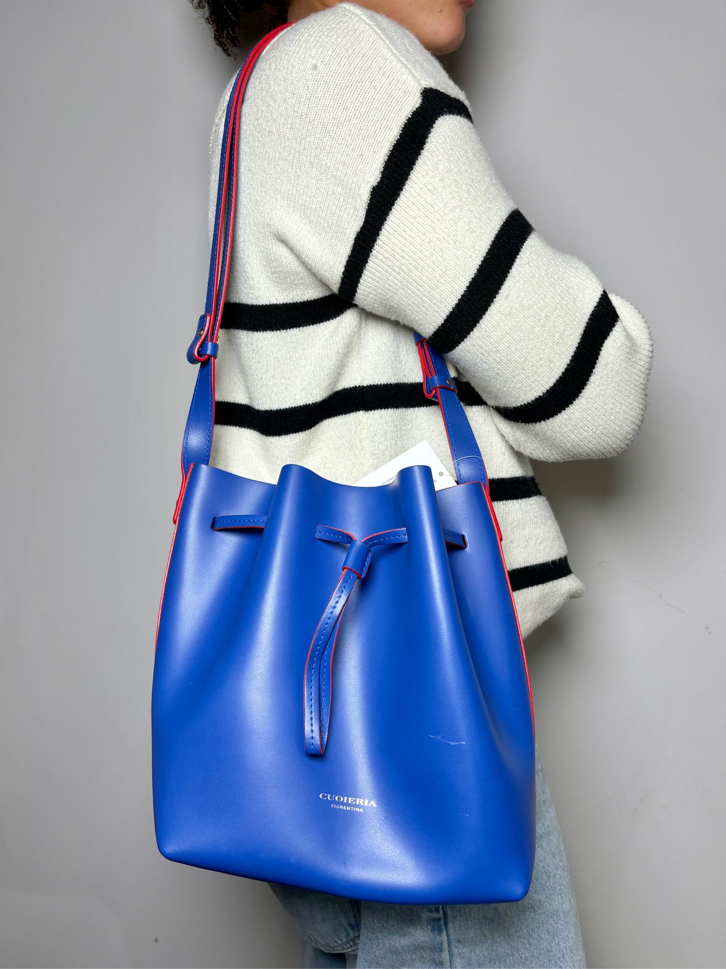 Blue Cuoieria Red Lining Leather Bucket Purse