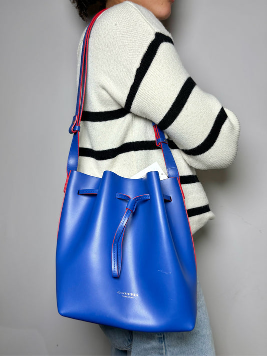 Blue Cuoieria Red Lining Leather Bucket Purse