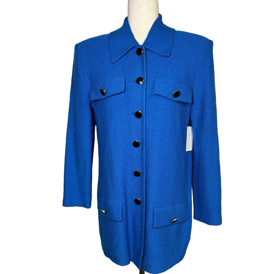 Women Size M St. John Blue Solid Wool Long Jacket