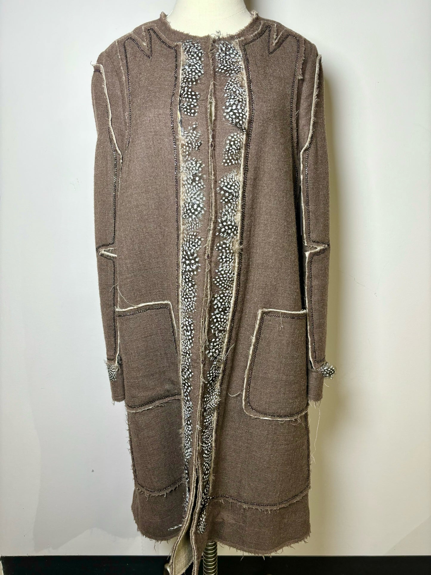 Women Size M BCBG Max Azria Runway Brown Solid Wool Feather Trim Coat