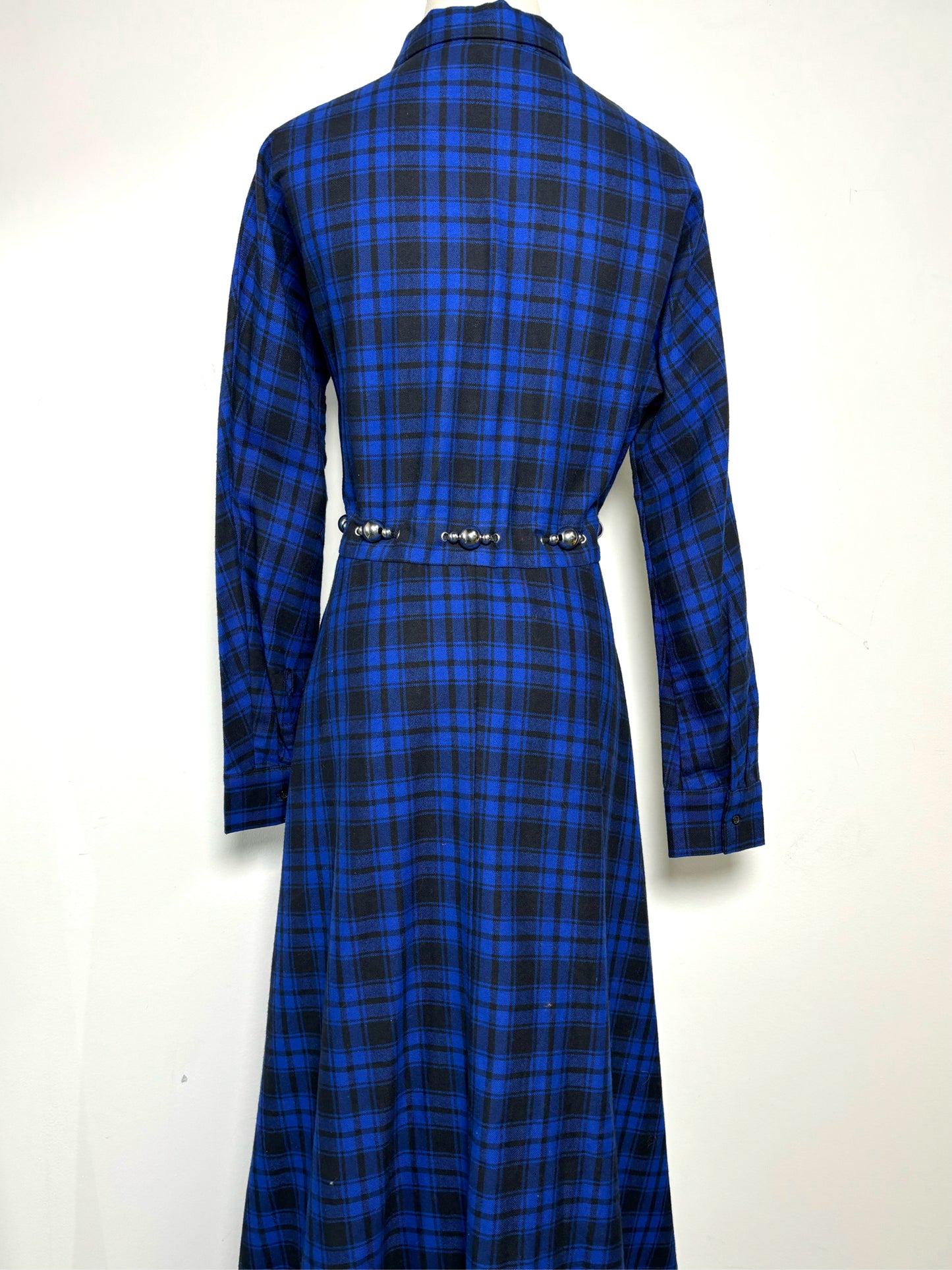 Women Size XS Maje Blue Plaid Midi Belted Dress