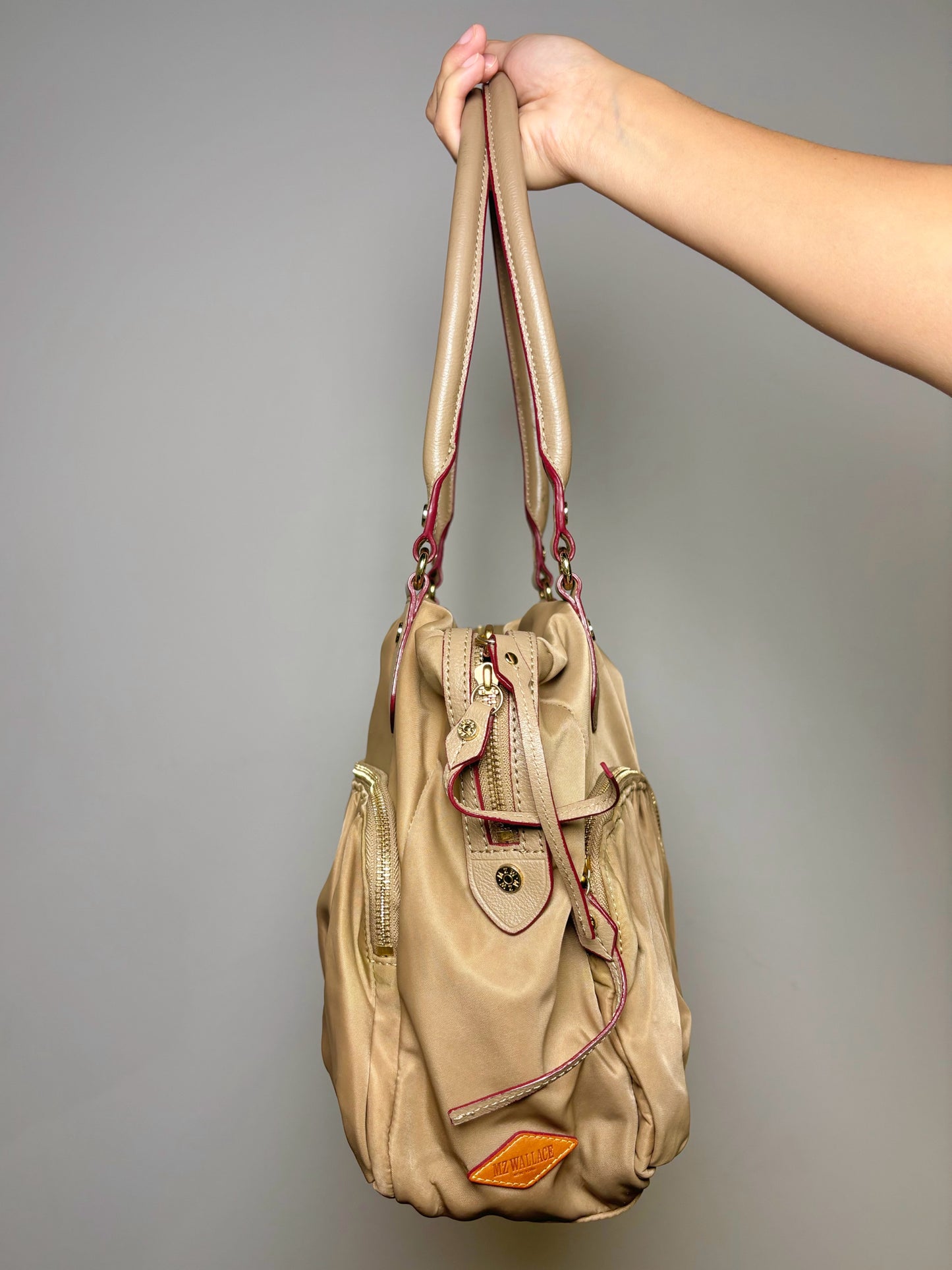 Khaki MZ Wallace Solid Nylon Shoulder Bag