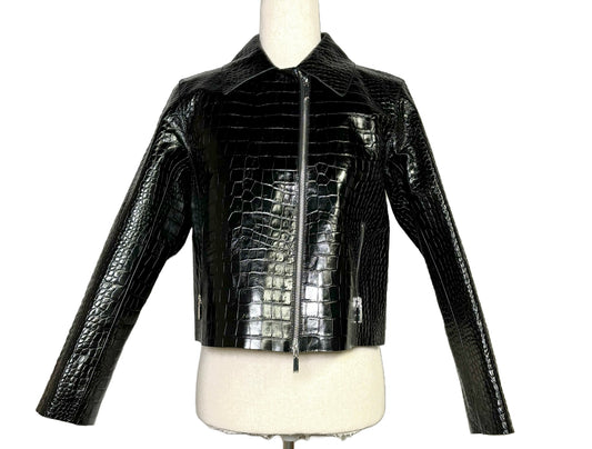 Women Size S Lafayette 148 Black Croc Embossed Cowhide Leather Jacket