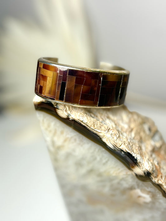 Brown Colin Coonsis Inlay Tiger Eye Sterling Silver 925 Cuff Bracelet