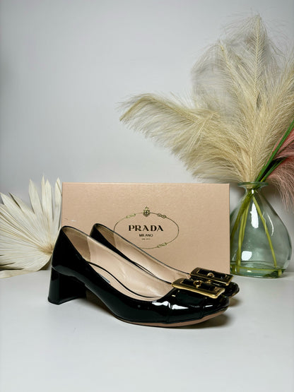 W Shoe Size 6.5 Prada Black Leather Patent Gold Buckle Heels