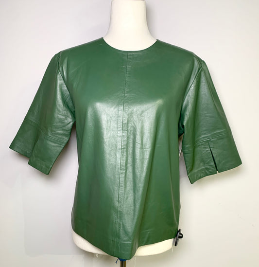 Women Size M Equipment Green Solid Lamb Leather Shirt