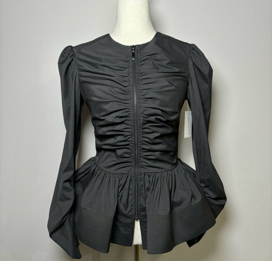 Women Size 4 Roman Black Solid Ruched Zip Front Blazer