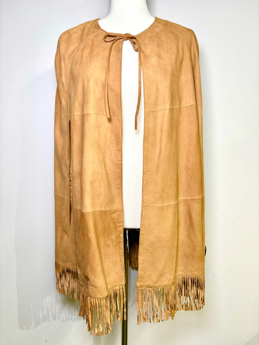 Women Size S Alice + Olivia Camel Solid Suede Leather Fringe Poncho Jacket