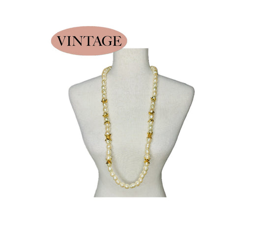 Vintage Fendi Cream Pearl 17" Necklace with Gold Leaves