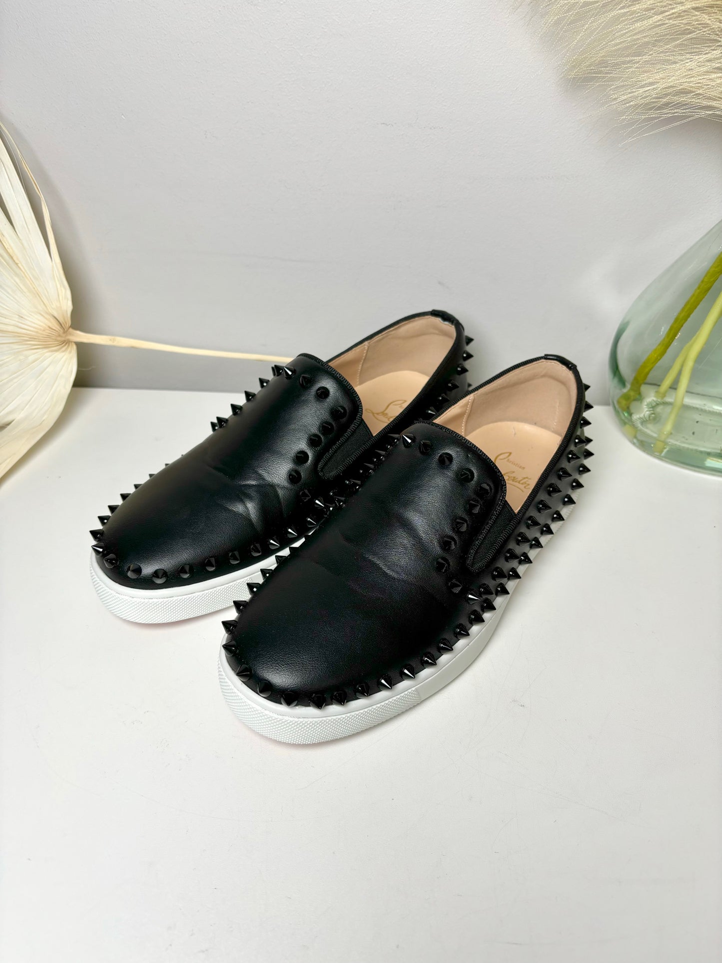 Women's Size 38 Christian Louboutin Black Leather Spike Slip-On Loafers